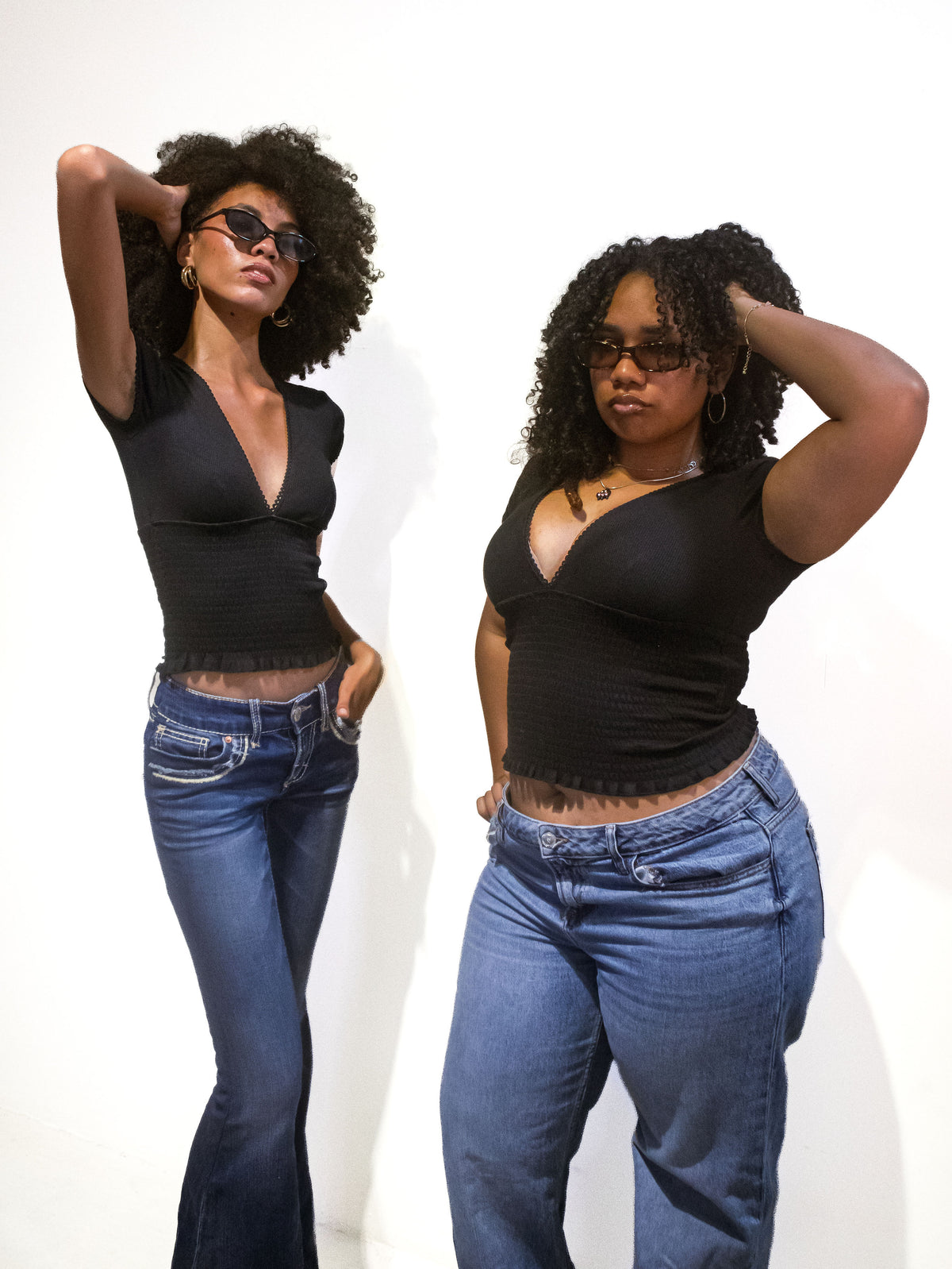 Black Smocked V-Neck Top